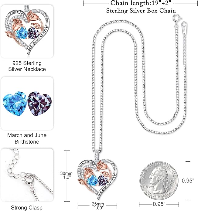 Iefil Christmas Gifts for Women Wife - 925 Sterling Silver Rose Heart Birthstone Necklace Birthday Anniversary Jewelry Gifts for Her Wife Mom Daughter