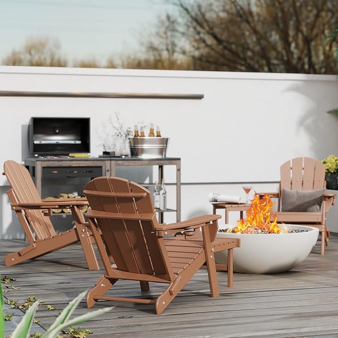 GREENVINES Adjustable Adirondack Chair with Retractable Ottoman Set of 2 | Folding | 2 Cup Holders | HDPE Plastic | Fire Pit Chairs w/Foot Rest | Teak | for Outdoor Poolside Patio Deck