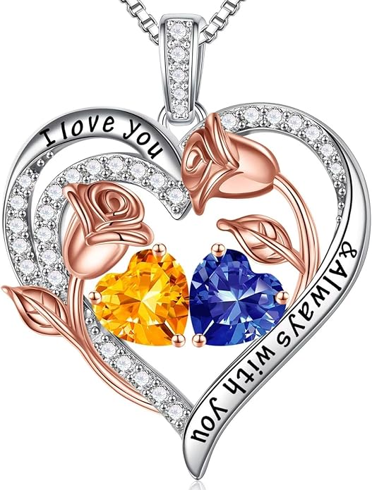 Iefil Christmas Gifts for Women Wife - 925 Sterling Silver Rose Heart Birthstone Necklace Birthday Anniversary Jewelry Gifts for Her Wife Mom Daughter