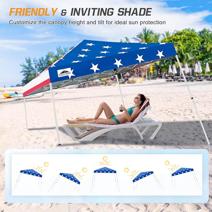EAGLE PEAK 10x10 Slant Leg Pop-up Canopy Tent Easy One Person Setup Instant Outdoor Beach Canopy Folding Portable Sports Shelter 10x10 Base 8x8 Top (American Flag)