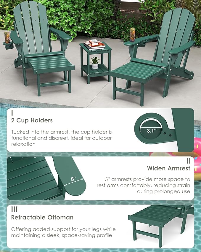 GREENVINES Adjustable Adirondack Chair with Retractable Ottoman Set of 4 | Folding | HDPE Plastic | Fire Pit Chairs w/Foot Rest | 2 Cup Holders | Forest | for Outdoor Patio Poolside Deck