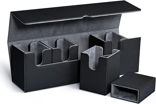 Card Deck Box with Dice Tray for MTG, 5 in 1 Card Deck Case Holds 800+ Unsleeved Cards, Strong Magnet Organizer Compatible with Yugioh TCG Sports Cards (Black)