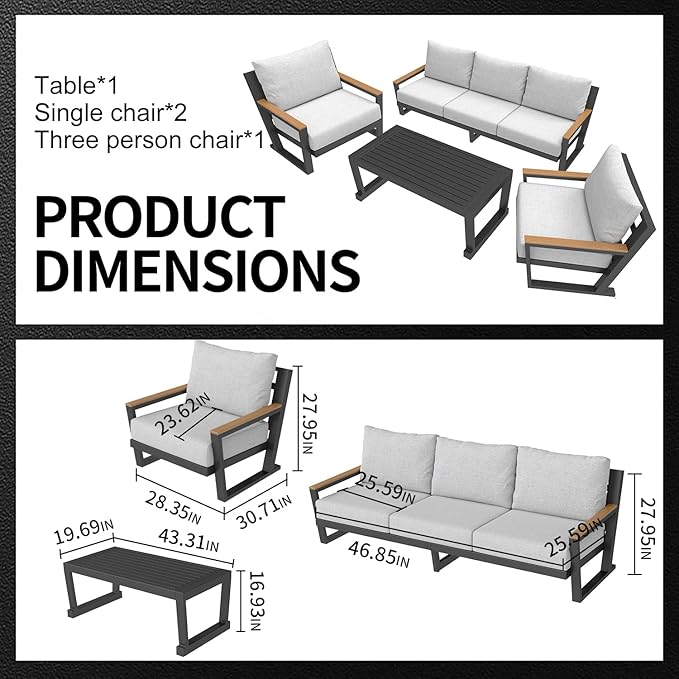 Aluminum Outdoor Furniture with Coffee Table,5 Seats Patio Furniture Set Sectional Waterproof Sofa with Conversation Set Table with Upgrade and Washable Cushion Grey