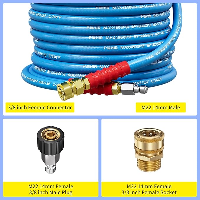 POHIR 150ft Pressure Washer Hose 3/8" 4800 PSI, Kink Resistant Industrial Grade Hose with Quick Connect Ends and Adapters for Hot & Cold Water up to 248°F, Steel Wire Braided Hose for Power Washing