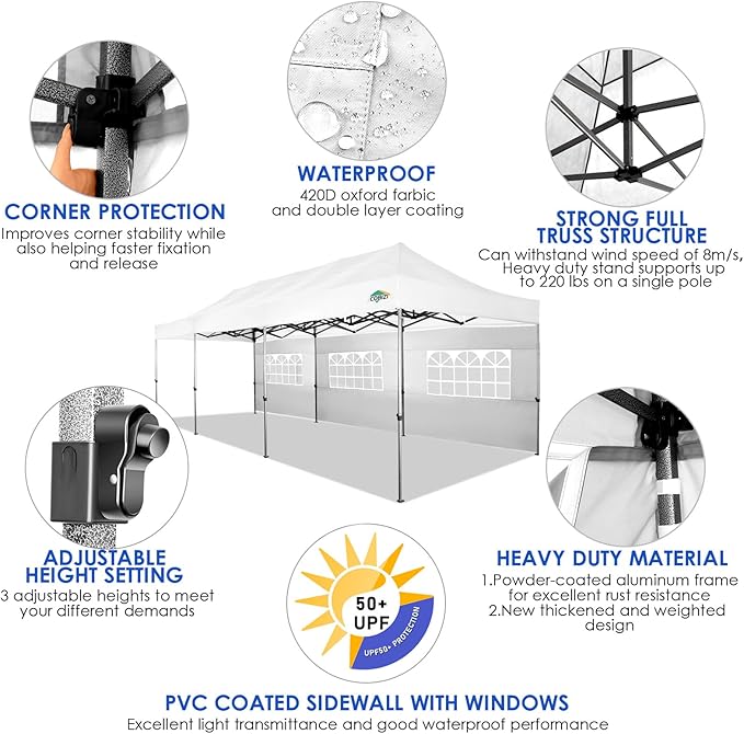 COBIZI 10x30 Heavy Duty Pop up Canopy with 8 sidewalls Stable Wedding Outdoor Tents for Parties Canopy Pop Up Party Tent UPF 50+ Waterproof Commercial Gazebo with Roller Bag, White(Windproof Upgraded)