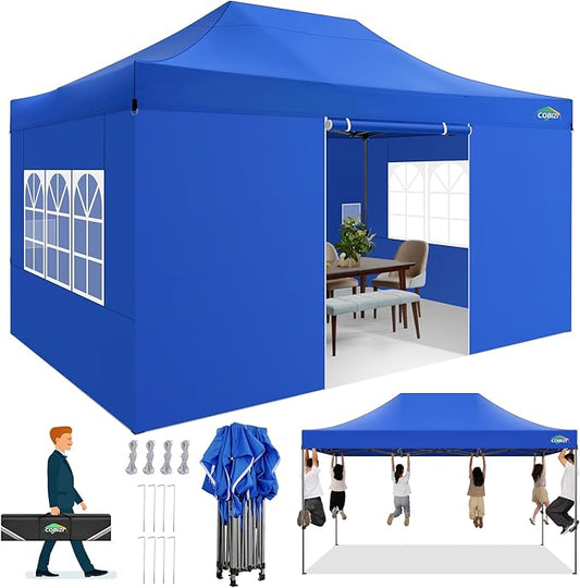 COBIZI 10x15 Pop up Canopy Gazebo 3.0, Easy up Heavy Duty Canopy with 4 Removable Sidewalls, High Stability, All Weather Sunshade 100% Waterproof Outdoor Canopy Tents with Carry Bag, Blue