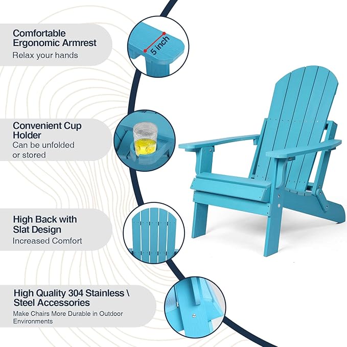 Folding Adirondack Chairs Set of 2, All Weather Resistant Plastic Chairs with Cup Holder, Fold or Unfold Easily in 1 Second, Outdoor Chairs for Patio, Garden, Backyard Deck, Lawn Fire Pit(Lake Blue)