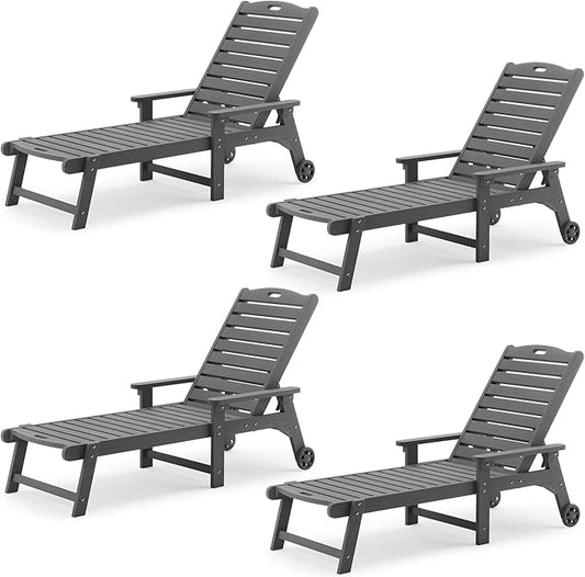 LUE BONA Outdoor Chaise Lounge Chairs Set of 4, HDPS Chaise Lounger, 5 Positions Adjustable Lounge Chairs, Pool Lounge Chair with Wheels for Poolside, 3 Year Warranty, Dark Gray