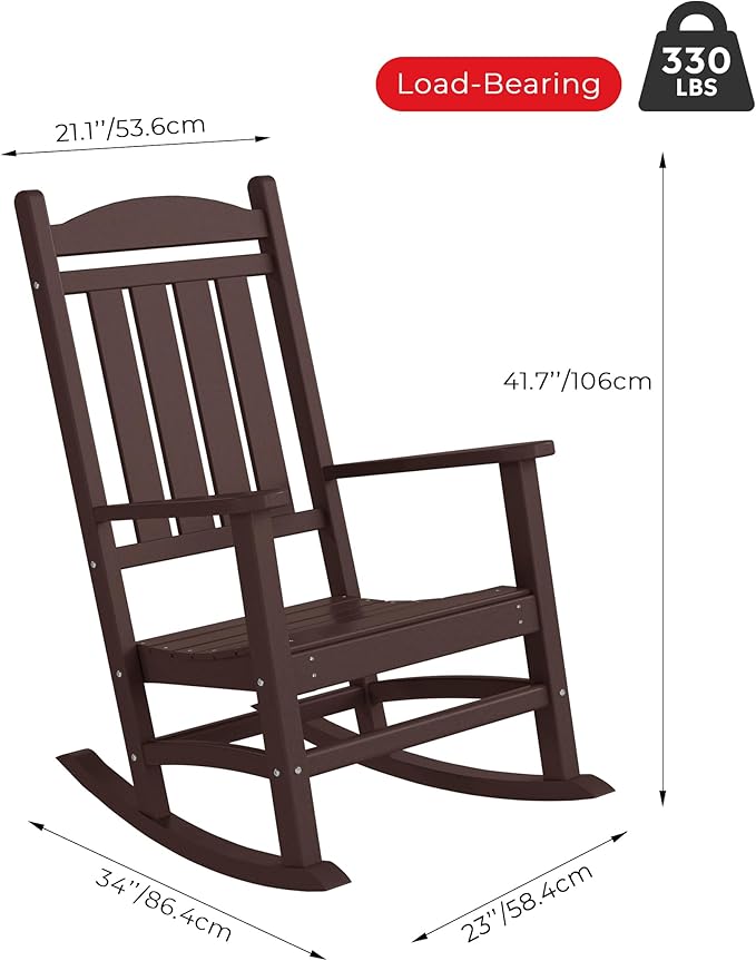 Costaelm Oversized Outdoor Rocking Chair, High Back Porch Rocker Chair, HDPE All Weather Resistant Outdoor Seating Furniture Wide Rocker Chair for Patio, Lawn, Garden, Dark Brown