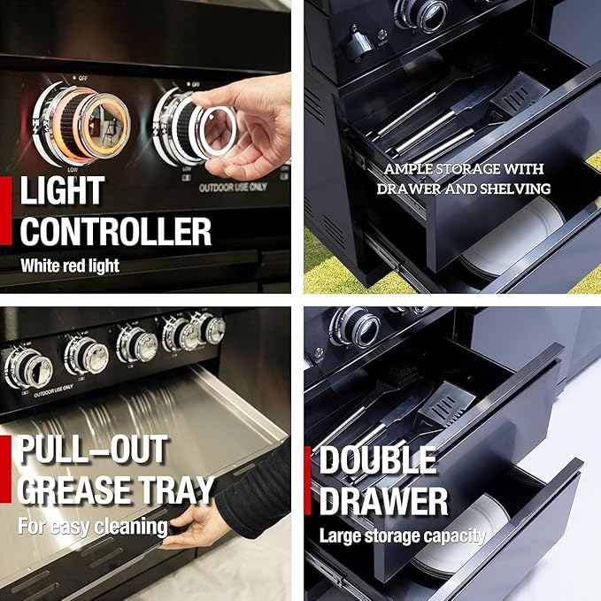85 Inches Propane Grills 6-Burner 85000 BTU Deluxe 304 Stainless Steel Gas Outdoor Kitchen Bar Barbecue Island Grill, Wine Cooler Compact Refrigerator, Granite Countertops, Stainless Steel Sink, Black
