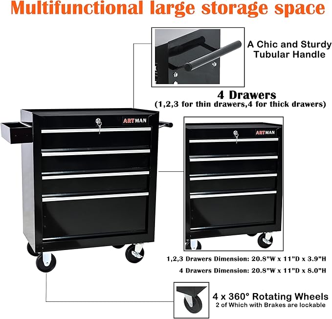 4 Drawers Tool Cart on Wheels,Multifunctional Rolling Tool Chest Tool Storage,Drawers Rolling Tool Trolley Organizer Tool Case for Garage,Warehouse,Workshop,Repair Shop(Black)