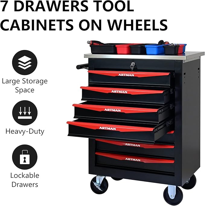 7 Drawers Tool Cart on Wheels,Multifunctional Rolling Tool Storage Chest,Drawer Rolling Trolley Organizer Tool Box for Garage,Workshop,DIY Multiple Interconnectable(7 Drawers-30.5" H)
