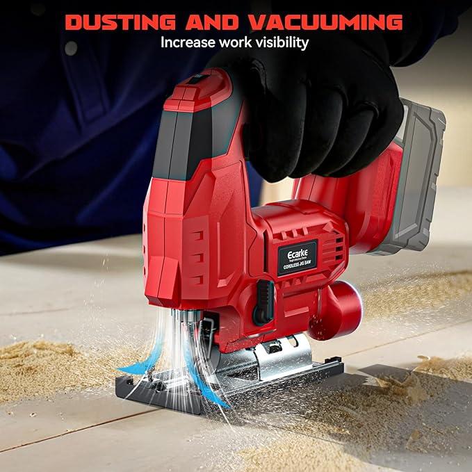 Ecarke Cordless Jig Saw Compatible With Milwaukee 18V Battery, Brushless, 4 Orbital Sets, 7 Speeds Dial Control, Dust-Blowing, ±45° Bevel Cuts, LED Light and 6PCS Blades For Cutting (Without Battery)