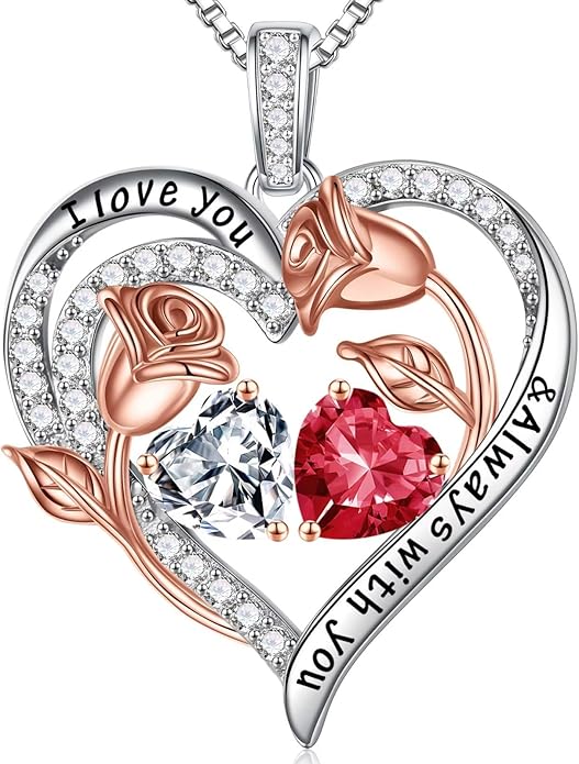 Iefil Christmas Gifts for Women Wife - 925 Sterling Silver Rose Heart Birthstone Necklace Birthday Anniversary Jewelry Gifts for Her Wife Mom Daughter