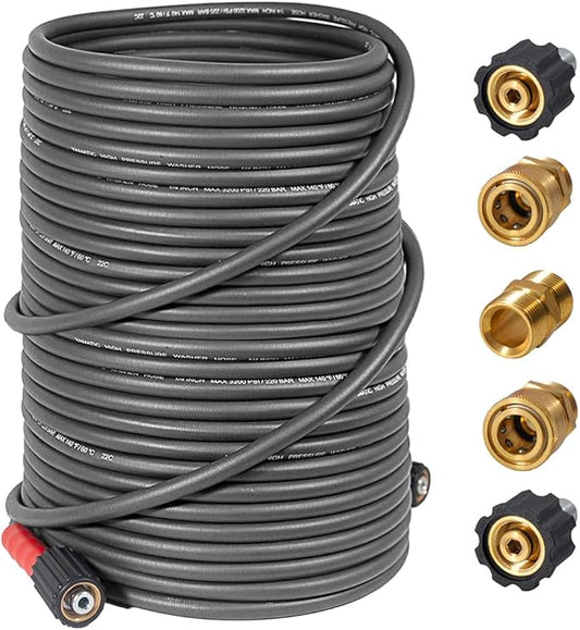 YAMATIC Super Flexible Pressure Washer Hose 100FT for Power Washer Replacement, Kink Resistant Extension With Leak-Free M22 Female & 3/8" Quick Connect Adapters, 1/4" 3200 PSI, Grey