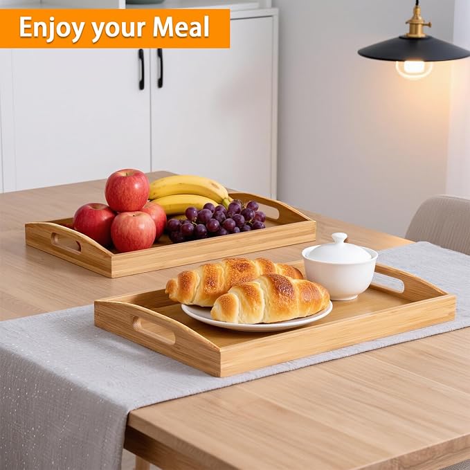 2 Pack Bamboo Serving Tray with Handles, Portable Bed Tray for Breakfast Dinner, Eating Trays for Living Room,Restaurants