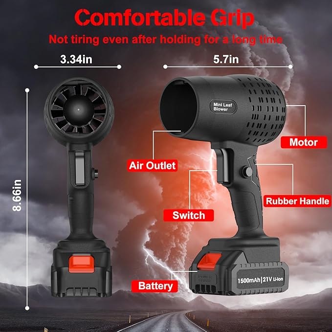 Leaf Blower with 21V*2 Pcs Batteries, 950000RPM Powerful Fan, High Variable Speed 200 MPH, Handheld Air Blower, Perfect for Car Drying, Patio Cleaning, Lawn Caring, Leaves Blowing (Black)