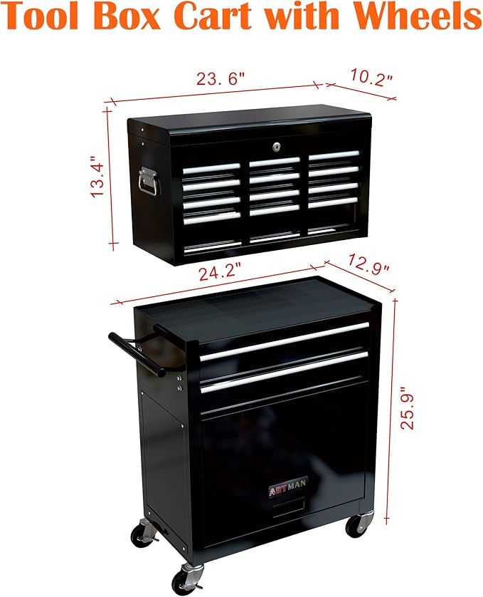 8 Drawers Rolling Tool Box Organizer,High Capacity Tool Chest with Wheels,Lockable Rolling Tool Chest with Bottom Cabinet, Tool Box Rolling Workshop Storage Cabinet (8 Drawers(Black))