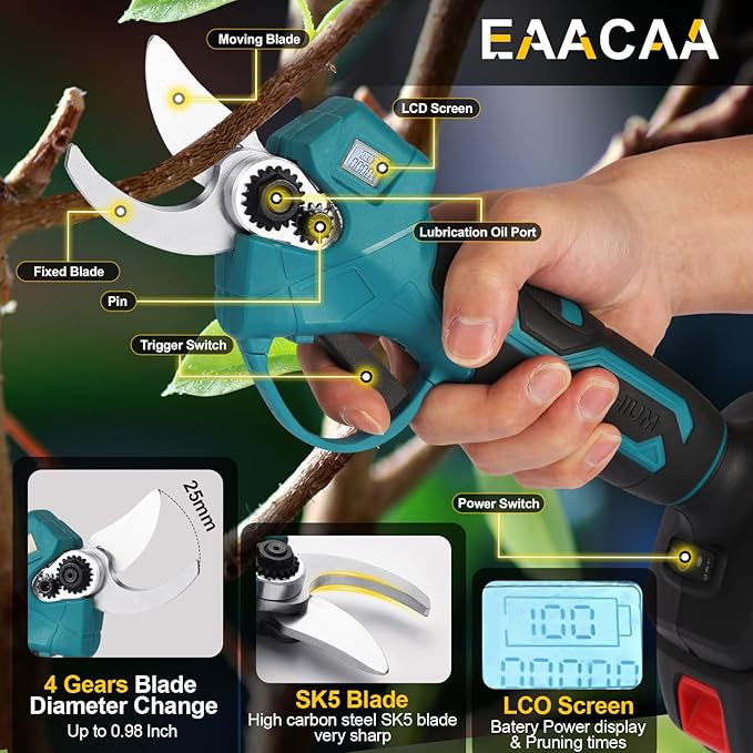 Battery Pruning Shears, Cordless Electric Pruning Shears with LCD Display, SK5 High Carbon Steel Blades and Safe Start Setting, Cordless Electric Pruning Shears for Tree Pruning