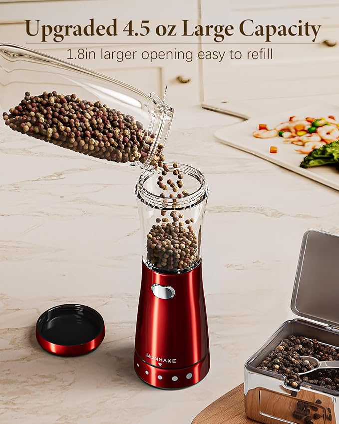 Electric Salt or Pepper Grinder Set Rechargeable, Electric Pepper Grinder with Adjustable Coarseness, 4.5oz Large Capacity, 1.8" Wide-Mouth & Storage Base, One-Hand Operation Kitchen Gadgets