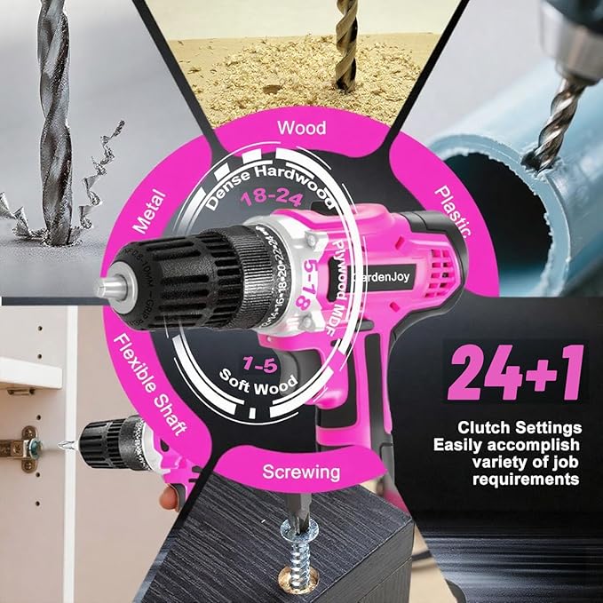GardenJoy 20v Cordless Drill Set, Power Electric Kit 2 Batteries With Charger 30Nm 2-Speed 3/8" Keyless Chuck 24+1 Torque Drill Driver screwdriver Bits with LED Electric Work Light for Women DIY