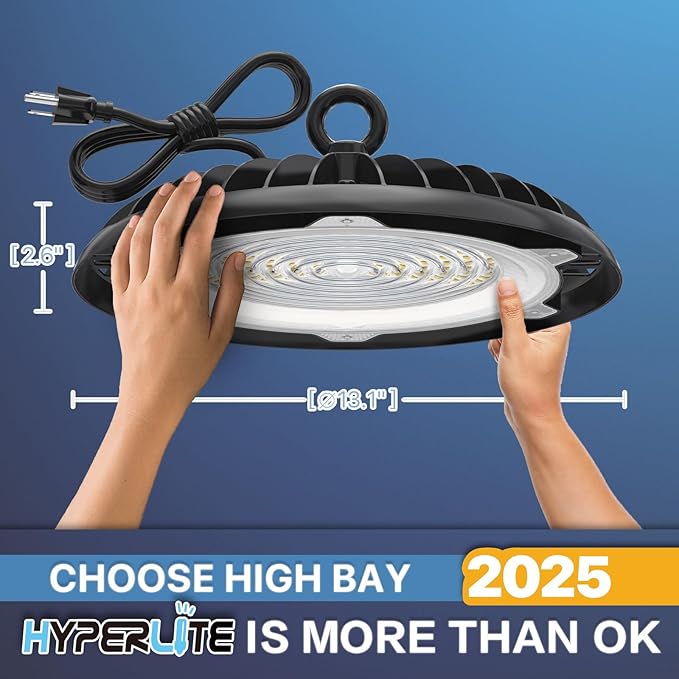 HYPERLITE High Bay Lights Commercial: 200W Hi Bay LED Shop Lights for Workshop - Waterproof UFO Light for Damp Places and Harsh Environments