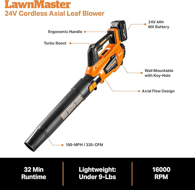 LawnMaster CLBL2417A Cordless Blower 24V Max with 4.0Ah Battery and a Charger