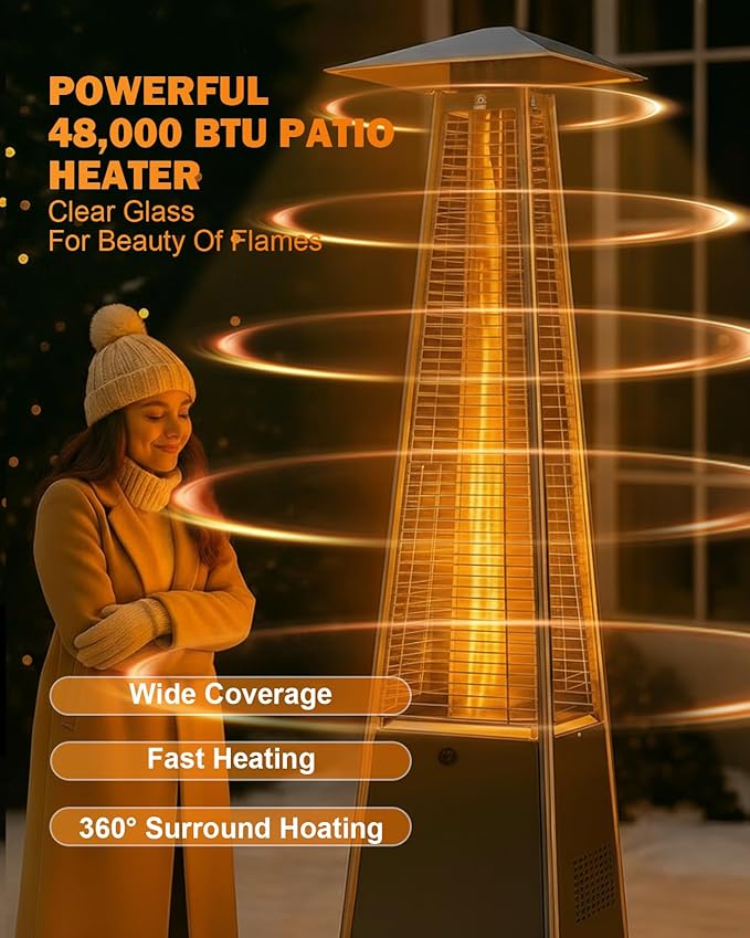 Pyramid Patio Heater for Outdoor Use, 48000 BTU Fast Heating Propane Heater with Wheels & Weatherproof Cover, Triple Protection System Outdoor Heaters for Patio, Yard, Pool, Garden