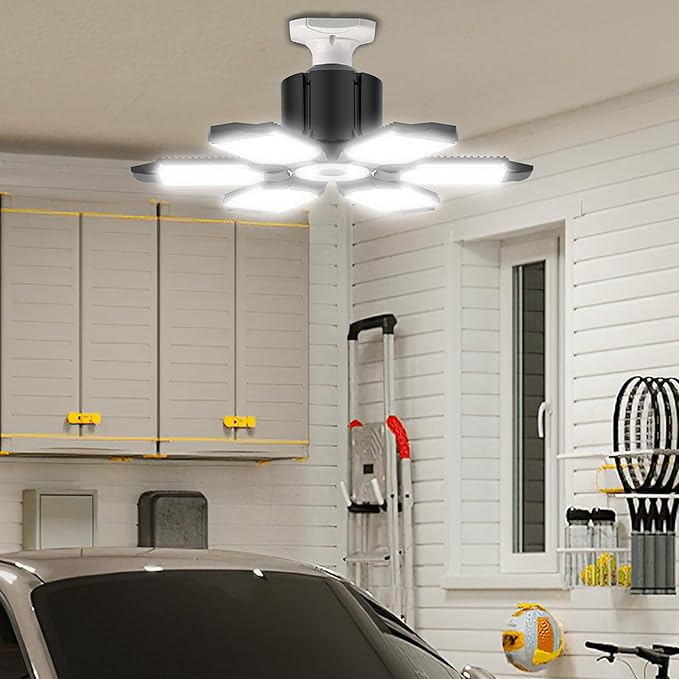 BRAINIAC LED Garage Light Bulb 100W 10000LM, Deformable Garage Lighting Led with 6 Adjustable Panels, E26/E27 Screw-in Light Fixture for Basement Workshop Barn Porch -2 Pack