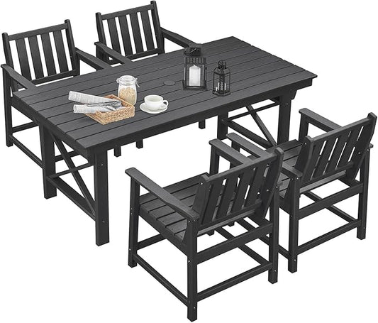 5-Piece HDPE Patio Dining Set, Outdoor Table and Chairs with Umbrella Hole, Modern Outdoor Dining Set for 4, HDPE Outdoor Patio Furniture Dining Sets for Deck, Poolside, Porch, Obsidian