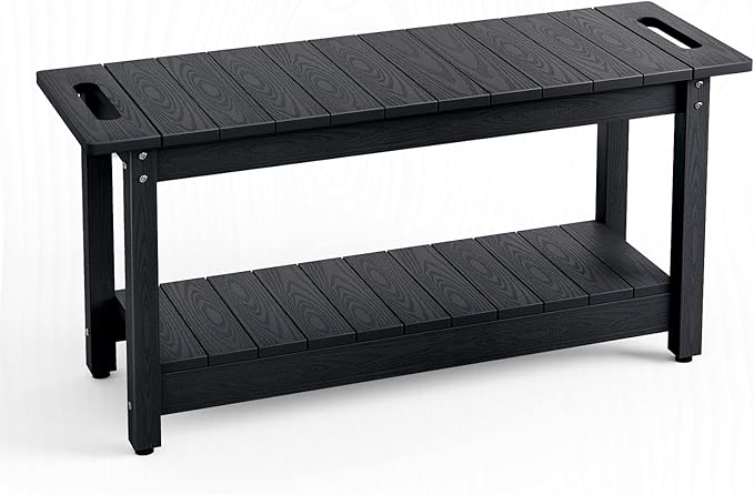 Stoog 35.5" Large Shower Bench, Waterproof Shower Stool with Storage Shelf and Handles, Adjustable and Non-Slip Feet, Shower Chair for Inside Shower, Black
