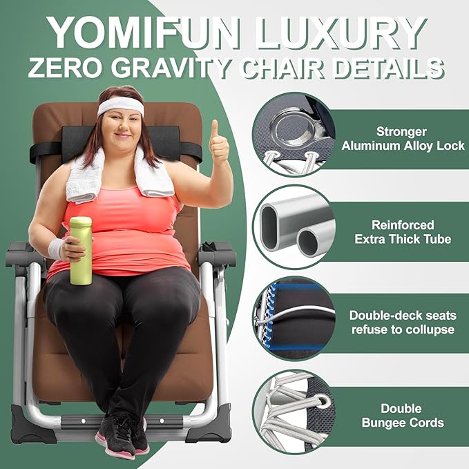 XL Zero Gravity Lounge Chair 29", Oversized Padded Folding Recliner for Patio with Storage Bag, Removable Cushion, Footrest, Full Aluminum Lock & Large Cup Holder, Supports 450 lbs, Brown