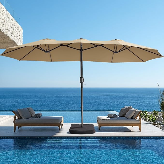 wikiwiki 15ft Large Patio Umbrellas with Base Included, Outdoor Double-Sided Umbrella with Crank Handle, Powerful UV Protective, for Pool Lawn Garden, Tan