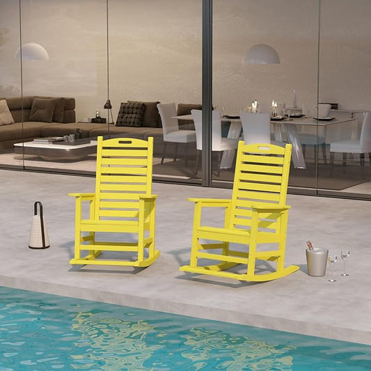 Outdoor Rocking Chairs Set of 2 with Footrest, HDPE Modern Rocking Lawn Chair for Garden, Poolside, Deck (Yellow)