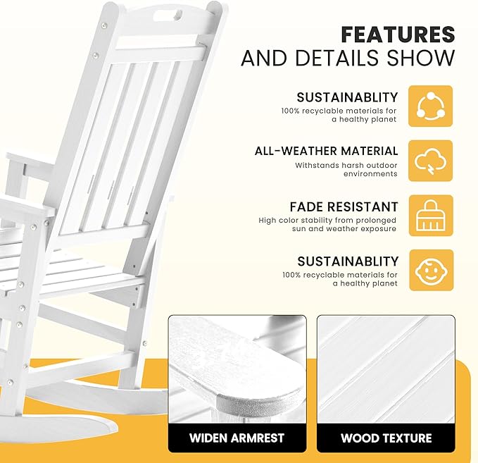 LOUNZY Outdoor Rocking Chair with Footboards Set of 5, HDPE Rocking Chair Patio Porch Rocker with 380lbs Support for Adult, White