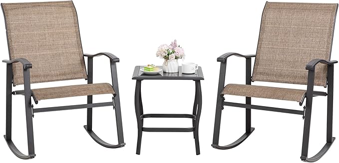 Shintenchi Rocking Chair Outdoor with Table, 3 Piece Rocking Patio Bistro Set, Outdoor Furniture Set with Metal Frame and Textilene Fabric for Small Space, Brown