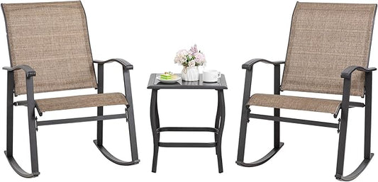 Shintenchi Rocking Chair Outdoor with Table, 3 Piece Rocking Patio Bistro Set, Outdoor Furniture Set with Metal Frame and Textilene Fabric for Small Space, Brown