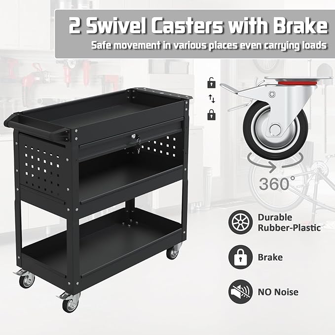 3 Tier Rolling Tool Cart, 400 LBS Capacity Mechanic Tool Carts on Wheels, Heavy Duty Utility Cart with Drawers, Metal Work Cart for Garage, Warehouse and Repair Shop, Matte Black