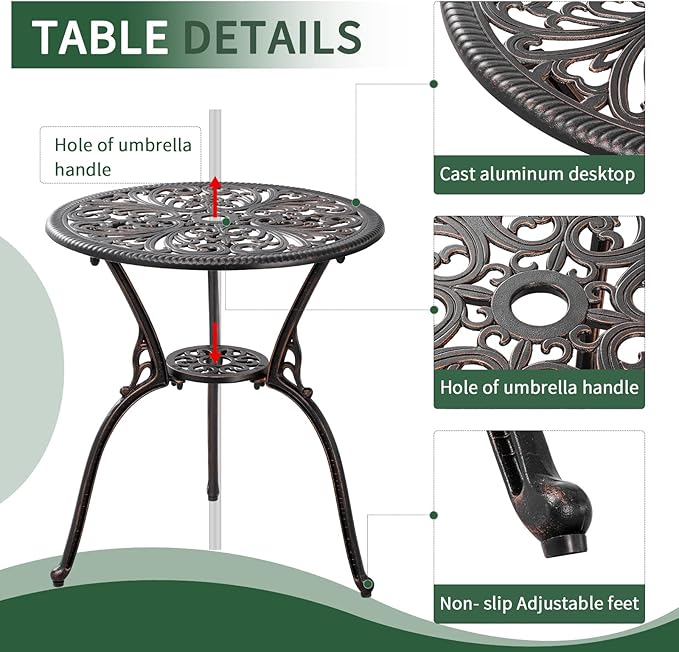 3 Piece Patio Set Outdoor Bistro Set,Cast Aluminum Bistro Table and Chairs Set of 2 with Umbrella Hole,All Weather Patio Bistro Sets for Front Porch Set Garden,Backyard(Brown)