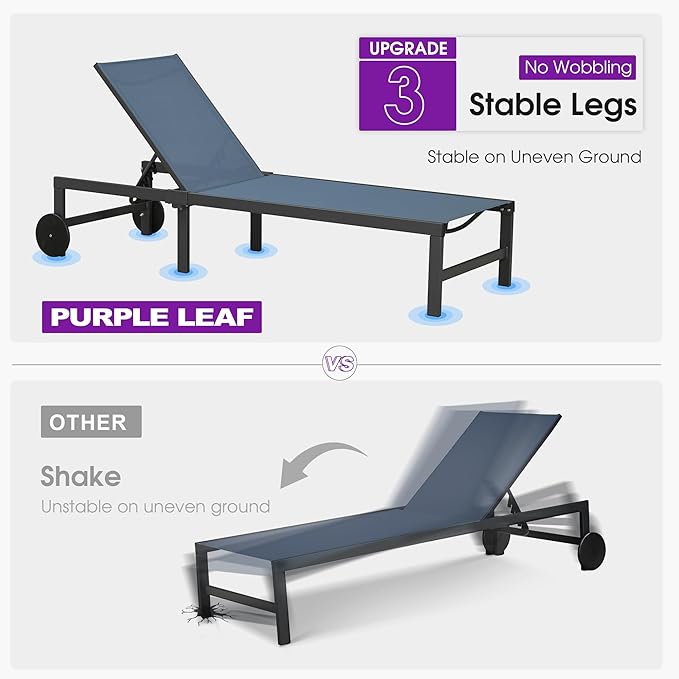 PURPLE LEAF Outdoor Chaise Lounge Chairs Set Recliner Aluminum Adjustable Chair with Wheels and Side Table for Poolside Beach Patio Sunbathing Lounger, Indigo