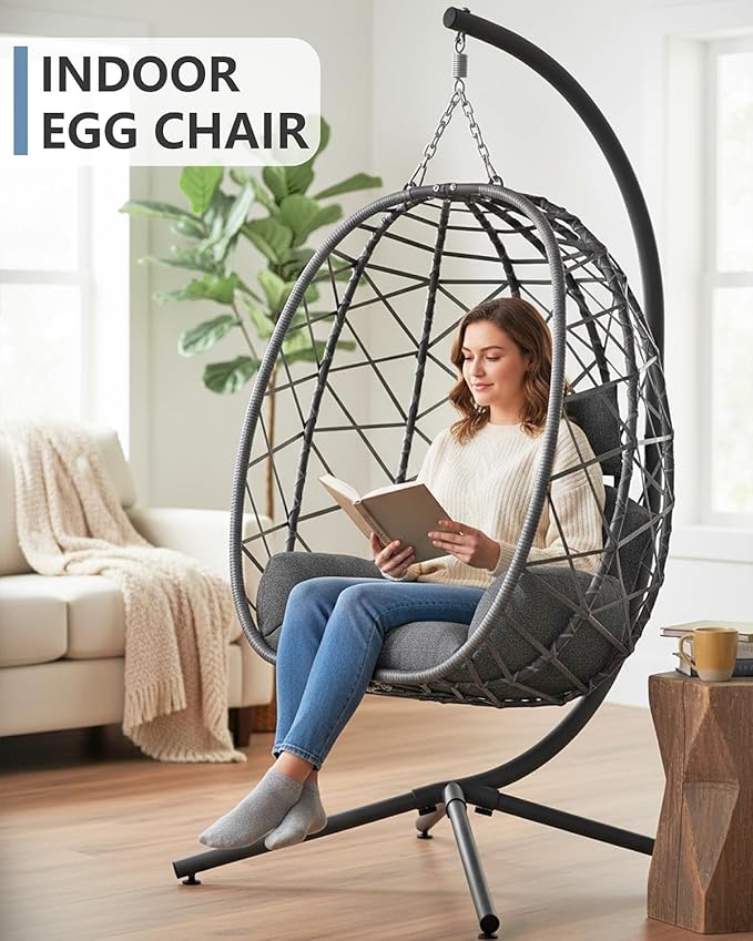SWITTE Egg Swing Chair with Stand, Outdoor Patio Hanging Egg Chair, Indoor Hammock Chair with Cushion for Garden Backyard, 400LBS Capacity-Dark Grey
