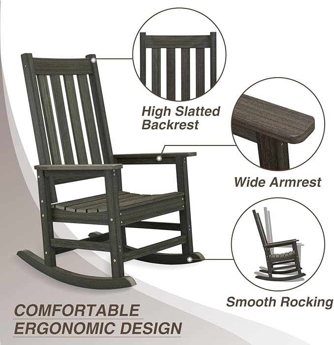 Outdoor Rocking Chair Set of 4, HDPE Oversized Patio Rocking Chairs, Weather Resistant, 350lbs Heavy Duty Porch Rocker with High Back for Backyard, Fire Pit, Garden and Indoor (Dark Brown)