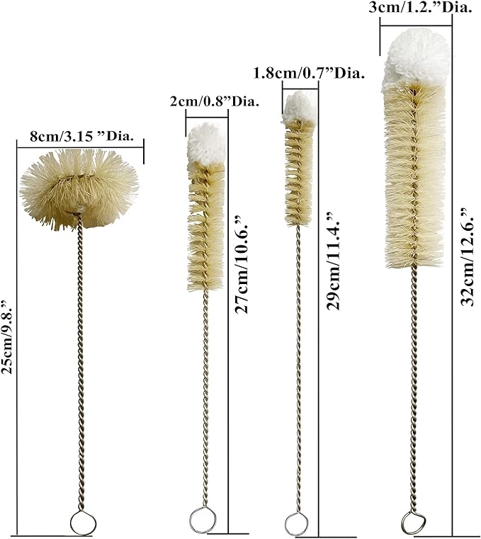 Coralpearl Bottle Brushes Thin Long Handle X 4, Skinny Wire Cleaner Set in Stainless Steel with Natural Boar Bristle at Wool Tip, Bendable Flexible for Cleaning Narrow Neck Bottles, Pipe, Tube, Hose