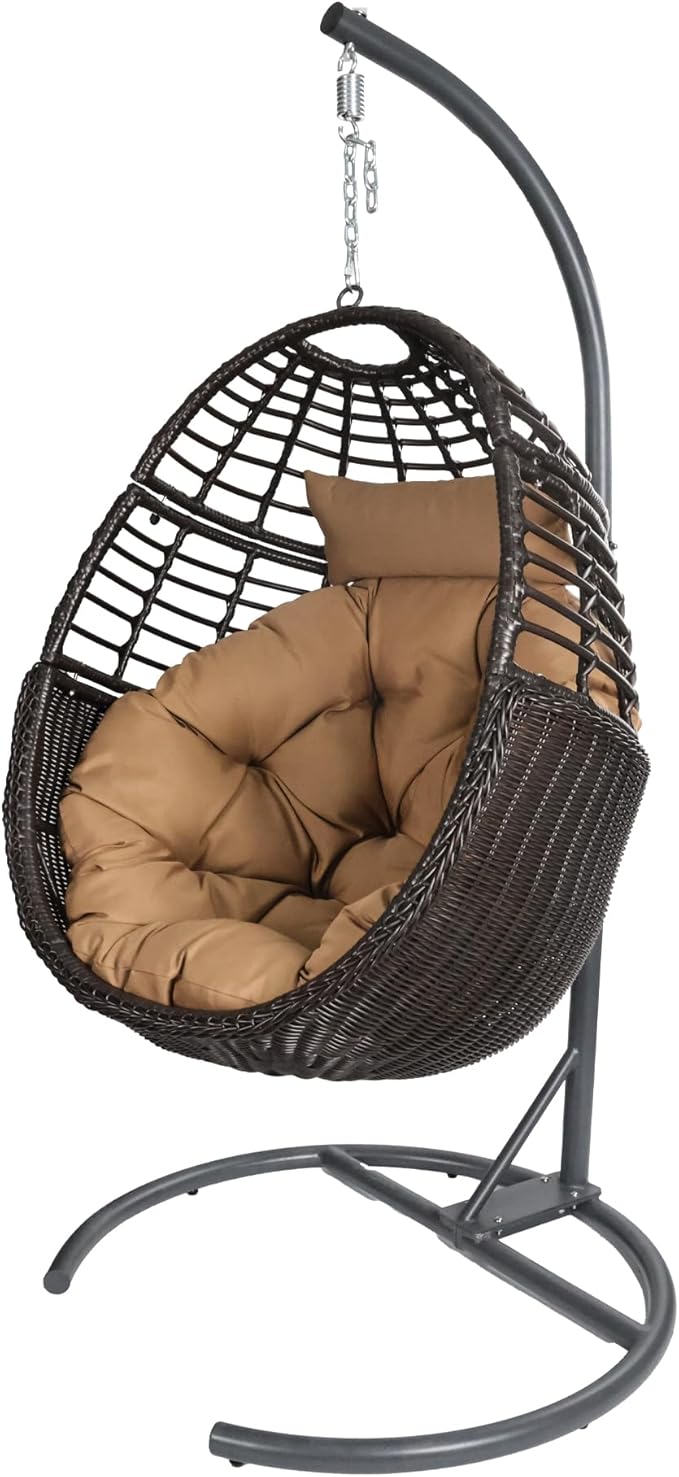Hanging Egg Chair Hammock Chair with Stand Wicker Rattan Chairs for Indoor Outdoor Patio Bedroom Swing Chair with Steel Frame and Soft Cushion