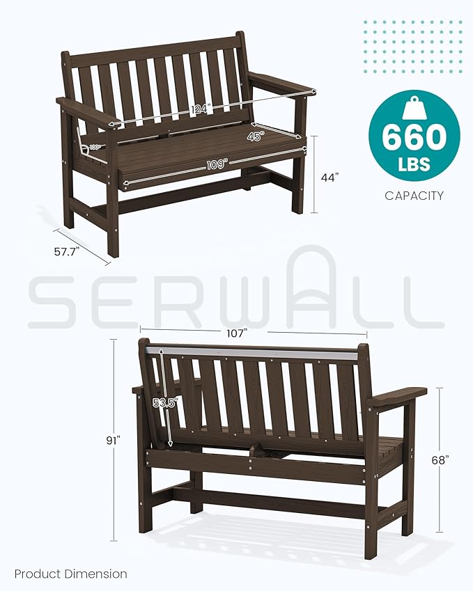 SERWALL Outdoor Bench, HDPE Outdoor Benches Weatherproof, 2-Person Garden Bench with 660 lbs Weight Capacity, Patio Benches for Outdoors, Garden, Porch, Backyard and Park, Coffee, 6 Pack