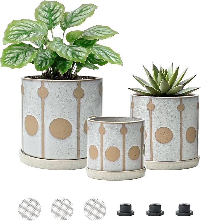 Ceramic Plant Pots Planters with Drainage Hole and Saucer Indoor Flower Pot Set with Hole Mesh Pad and Silicone Plug 4.72 + 5.51 + 6.5 Inch