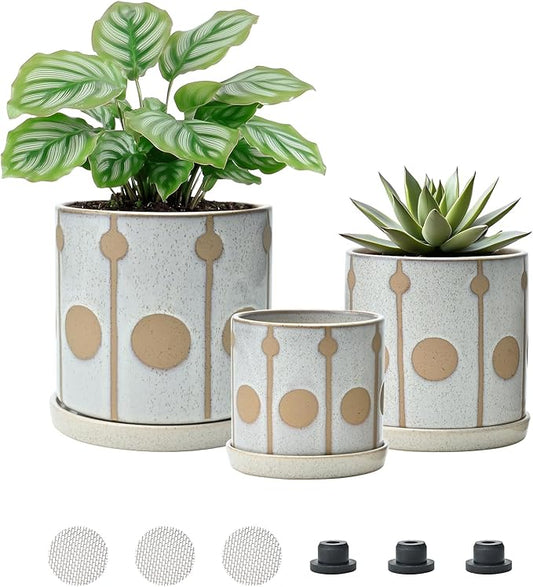 Ceramic Plant Pots Planters with Drainage Hole and Saucer Indoor Flower Pot Set with Hole Mesh Pad and Silicone Plug 4.72 + 5.51 + 6.5 Inch