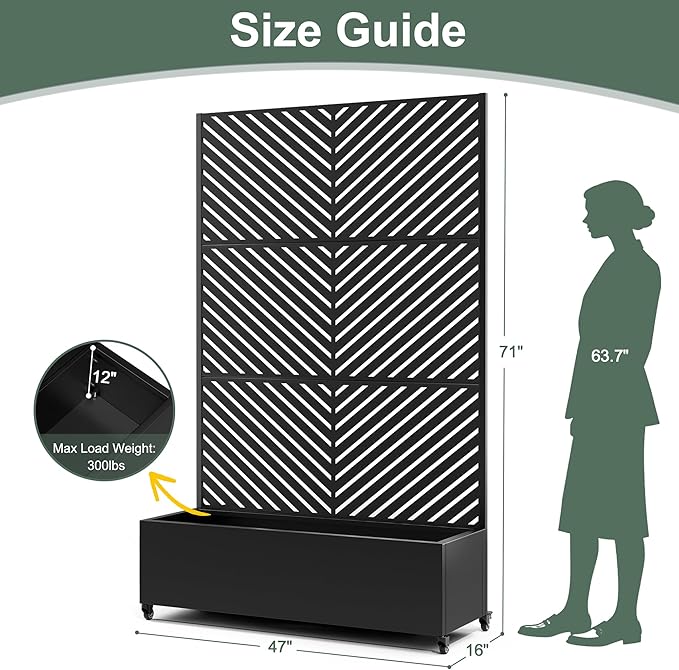 Large Metal Raised Garden Beds with Privacy Screen, Standing Planter Box with Trellis & Wheels for Outdoor Climbing Plants, Garden Boxes with Drainage Holes for Patio (47"L, Black Parallel)