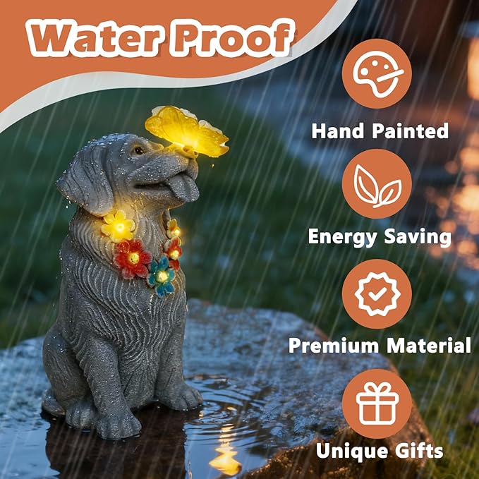Loyal Puppy Garden Statue with Solar Butterfly Light - Adorable Dog Figurine with Flower Garland - Outdoor Decor for Patio & Pet Memorial Gift - Christmas Housewarming Birthday Gifts for Grandma Mom