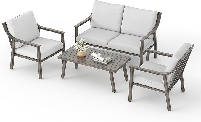 Patio Conversation Sets 4 Pieces - Aluminum Loveseat Outdoor Furniture Sets with Thick Cushion, Coffee Table and Chairs Set of 2, Rustproof and Waterproof for Porch Deck Yard, Grey